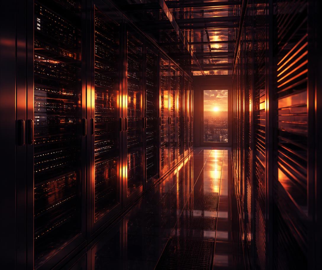 Data centre corridor lit by warm amber light with reflective chrome surfaces